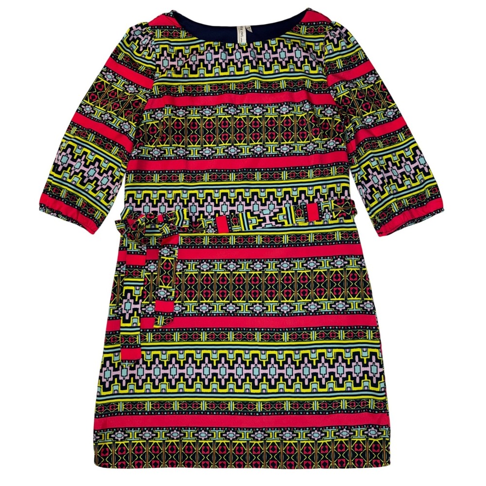 Pink Owl Geometric Tribal Print Shift Dress Pink Yellow 3/4 Sleeve‎ Small